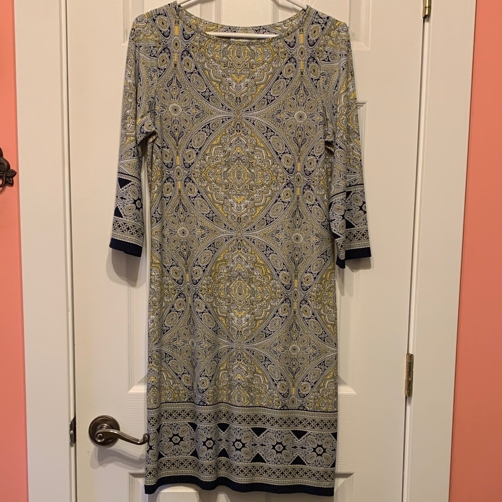 London Style 3/4 Sleeve Sheath Dress Paisley Print Navy Gold White size 10